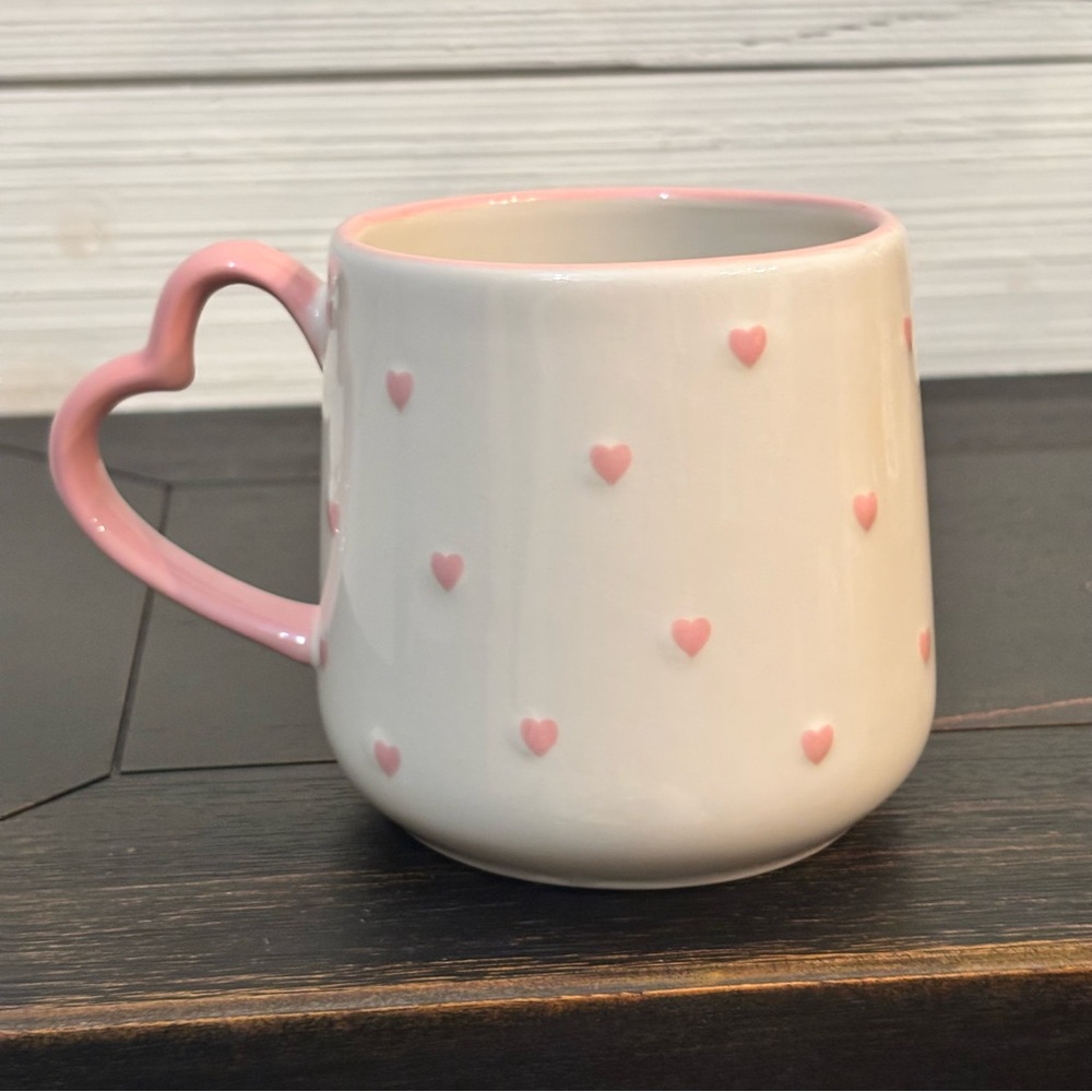 LOVE Coffee Mug Small Pink Hearts With Heart Shaped Handle Valentine’s Day NEW